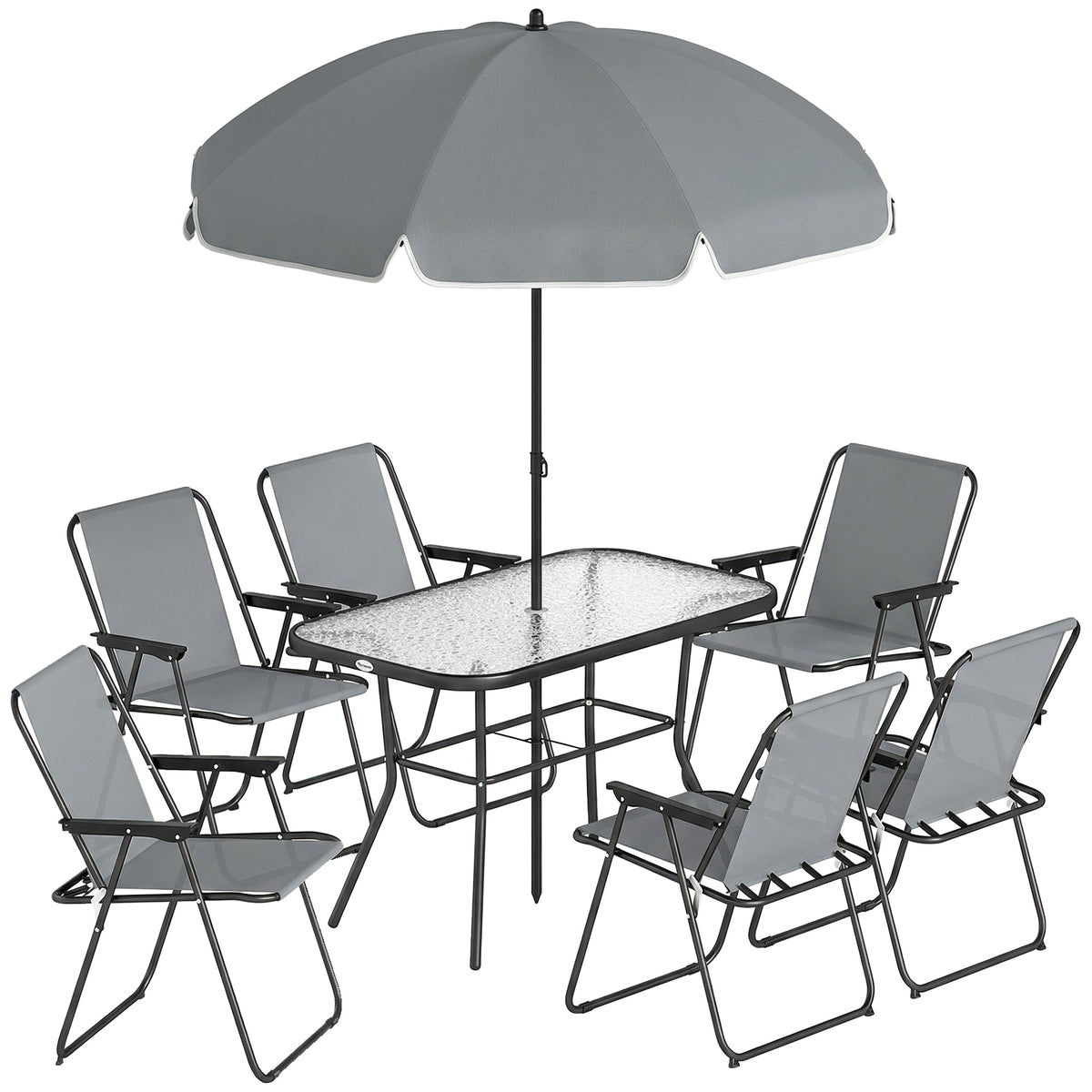 Gartenmöbel-Set mit Glastisch, 6 Klappstühlen und Sonnenschirm