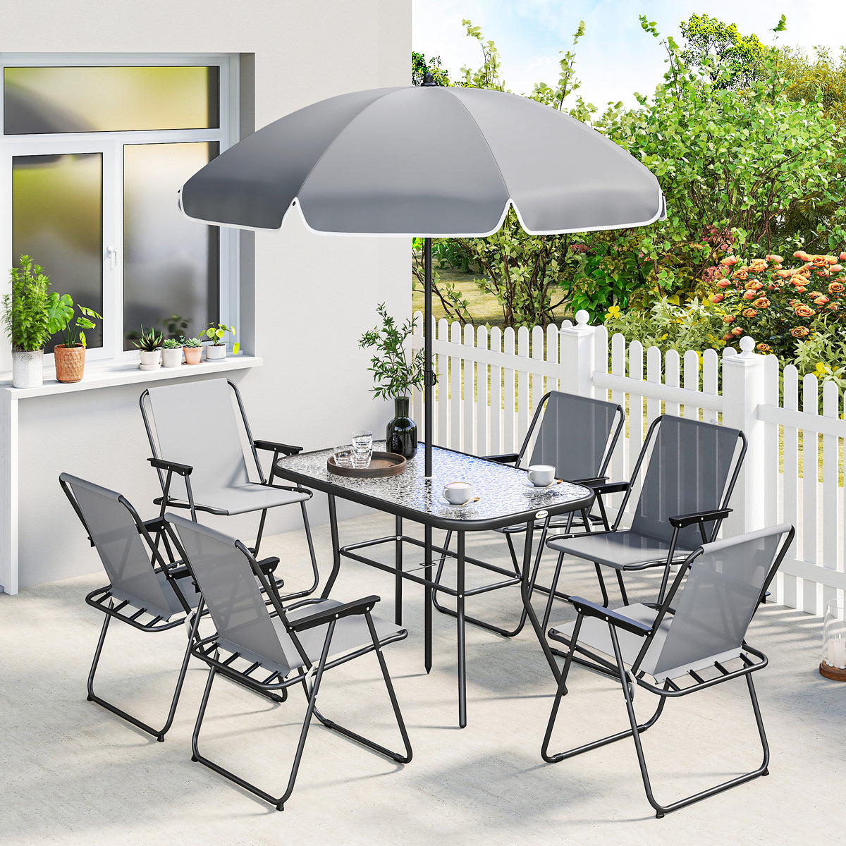 Gartenmöbel-Set mit Glastisch, 6 Klappstühlen und Sonnenschirm