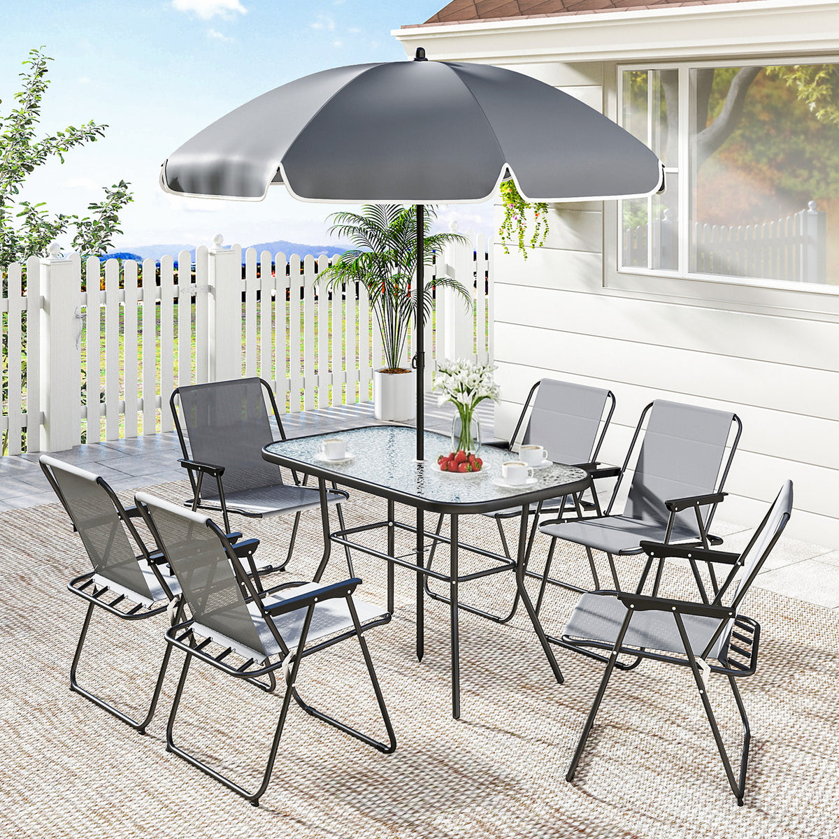 Gartenmöbel-Set mit Glastisch, 6 Klappstühlen und Sonnenschirm