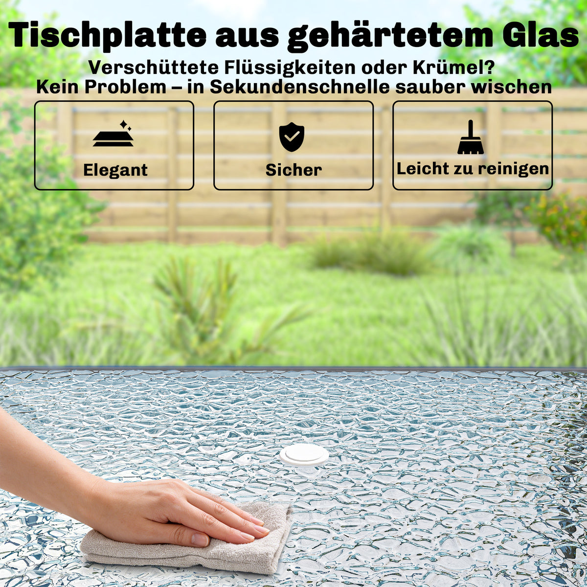 Gartenmöbel-Set mit Glastisch, 6 Klappstühlen und Sonnenschirm