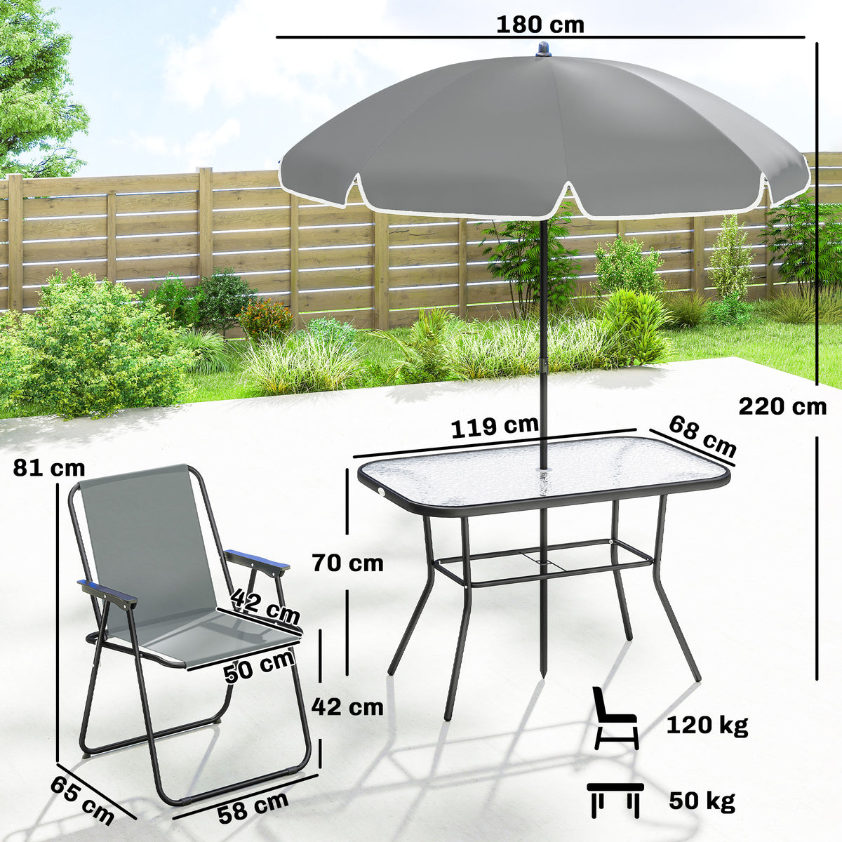 Gartenmöbel-Set mit Glastisch, 6 Klappstühlen und Sonnenschirm
