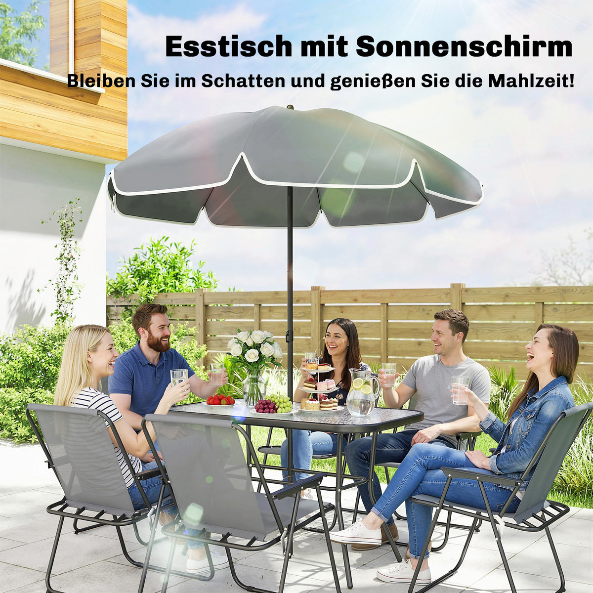 Gartenmöbel-Set mit Glastisch, 6 Klappstühlen und Sonnenschirm
