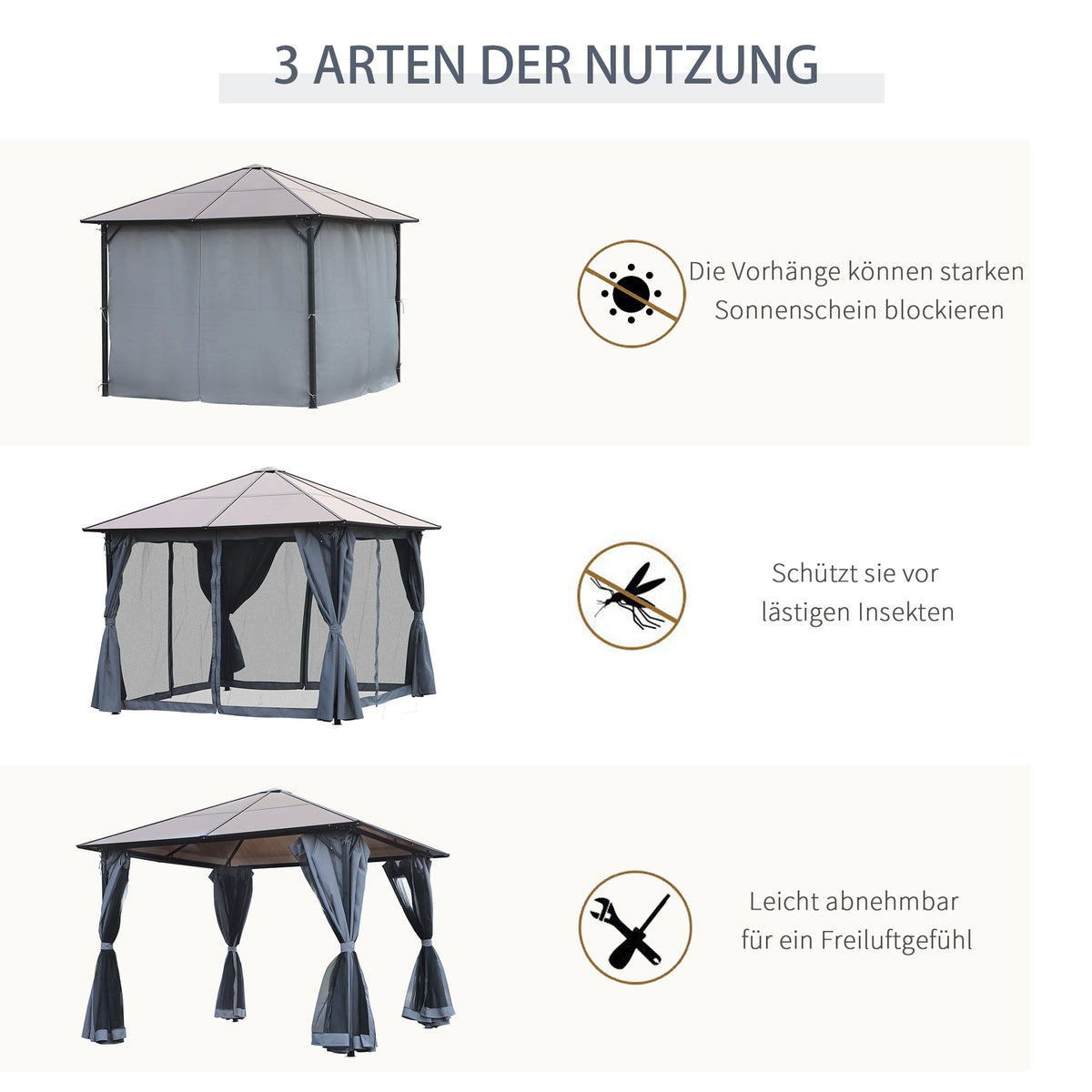 Gartenpavillon mit Polycarbonatdach und Vorhängen