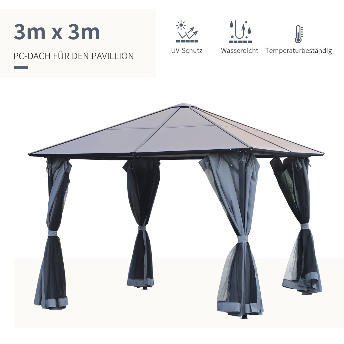 Gartenpavillon mit Polycarbonatdach und Vorhängen