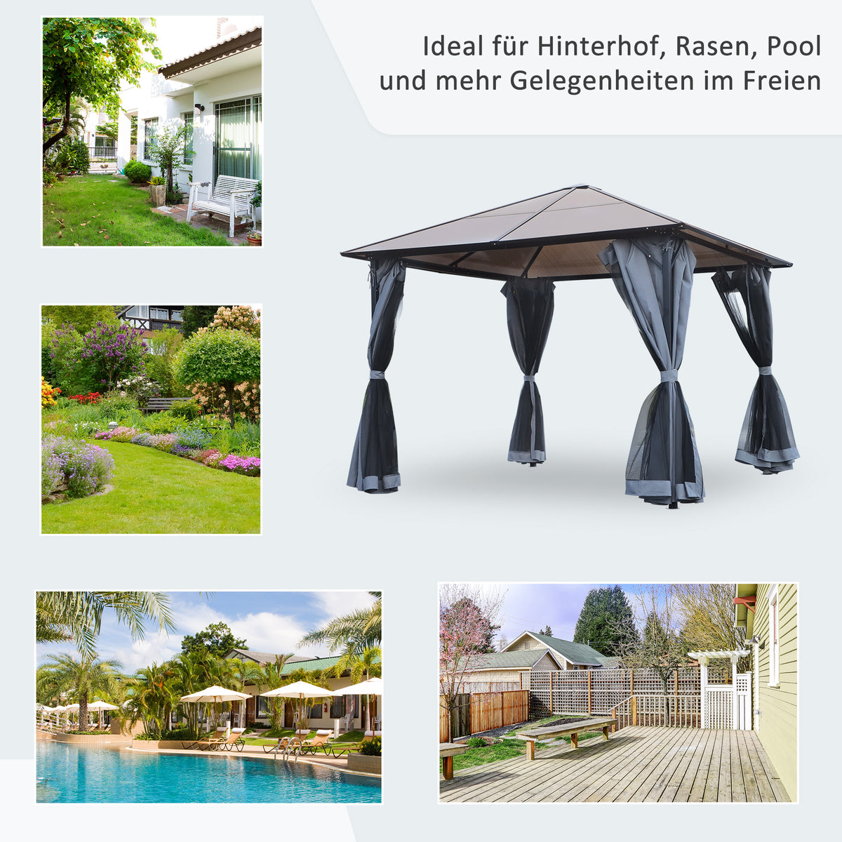 Gartenpavillon mit Polycarbonatdach und Vorhängen