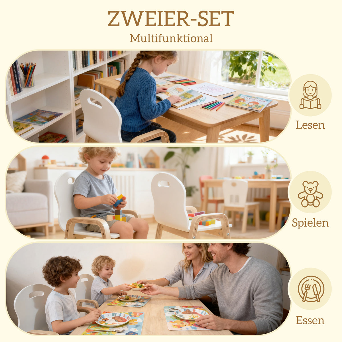 Kinderstuhl-Set aus Birkenholz, höhenverstellbar