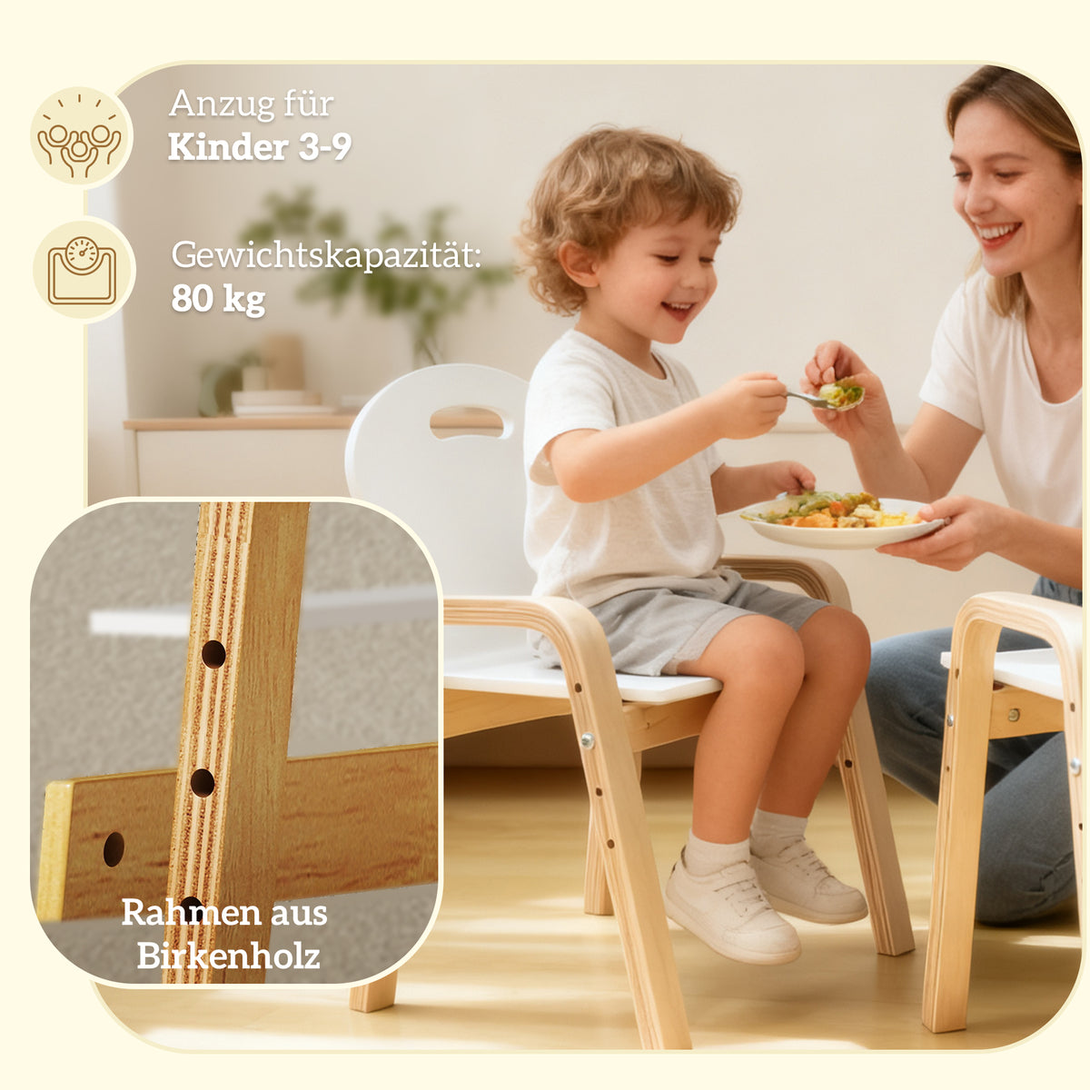 Kinderstuhl-Set aus Birkenholz, höhenverstellbar