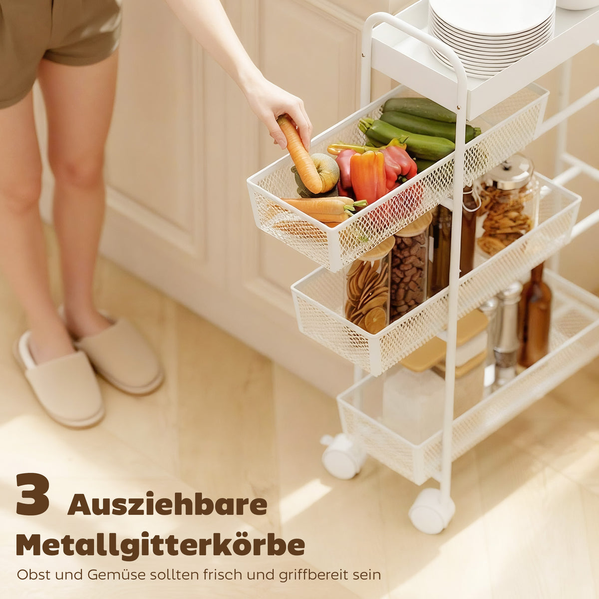 Schmaler Küchenwagen aus Metall mit 3 Körben