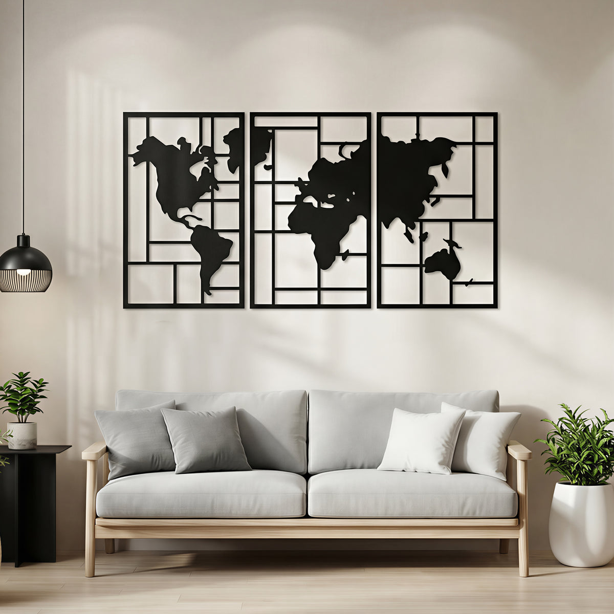 3-teiliges Metall-Wandbild mit Weltkarte
