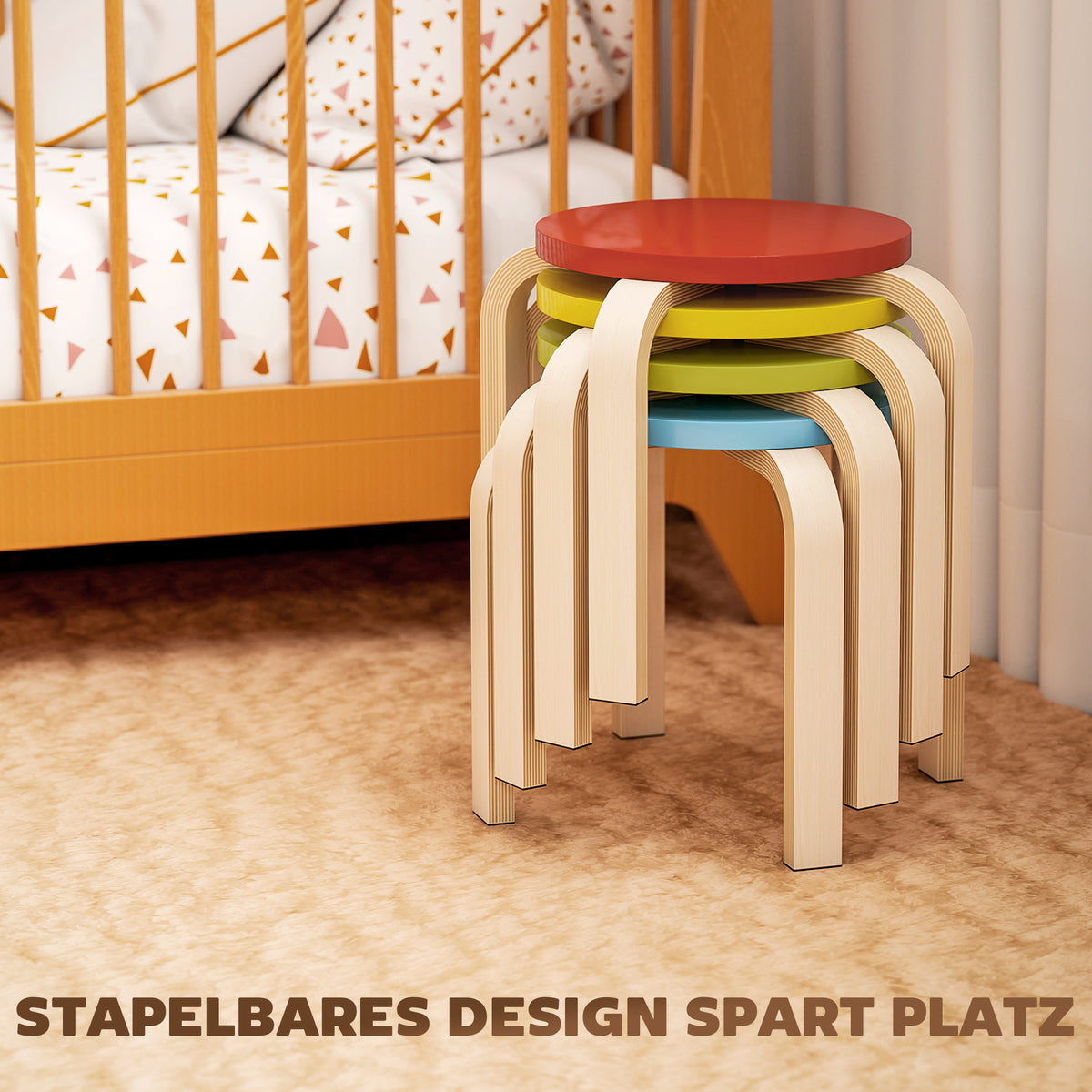 4 stapelbare Holzhocker mit Filzfußpads