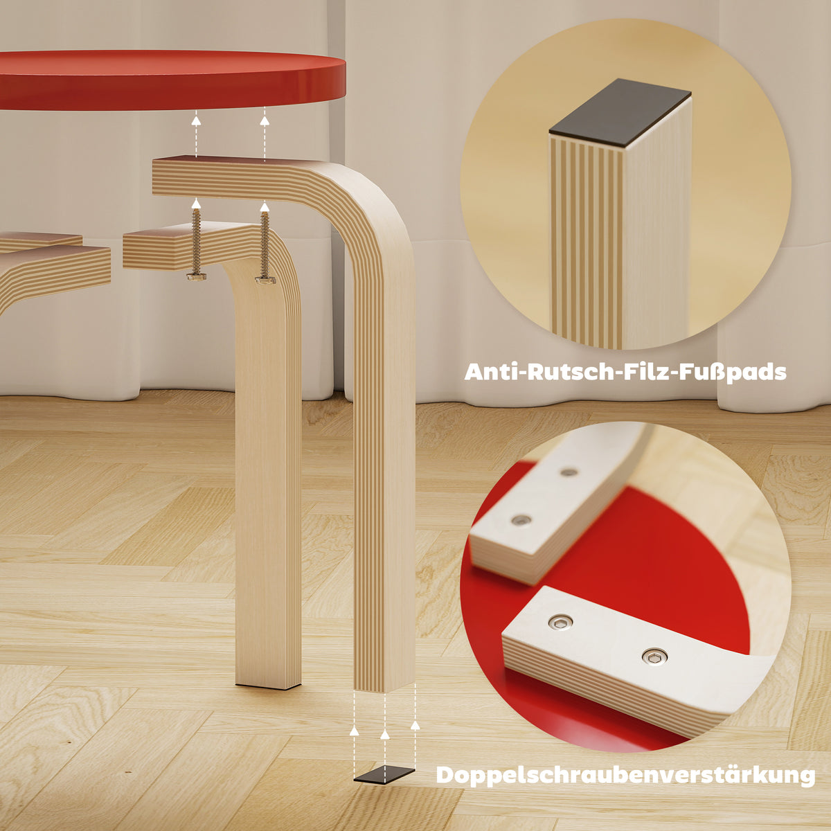 4 stapelbare Holzhocker mit Filzfußpads
