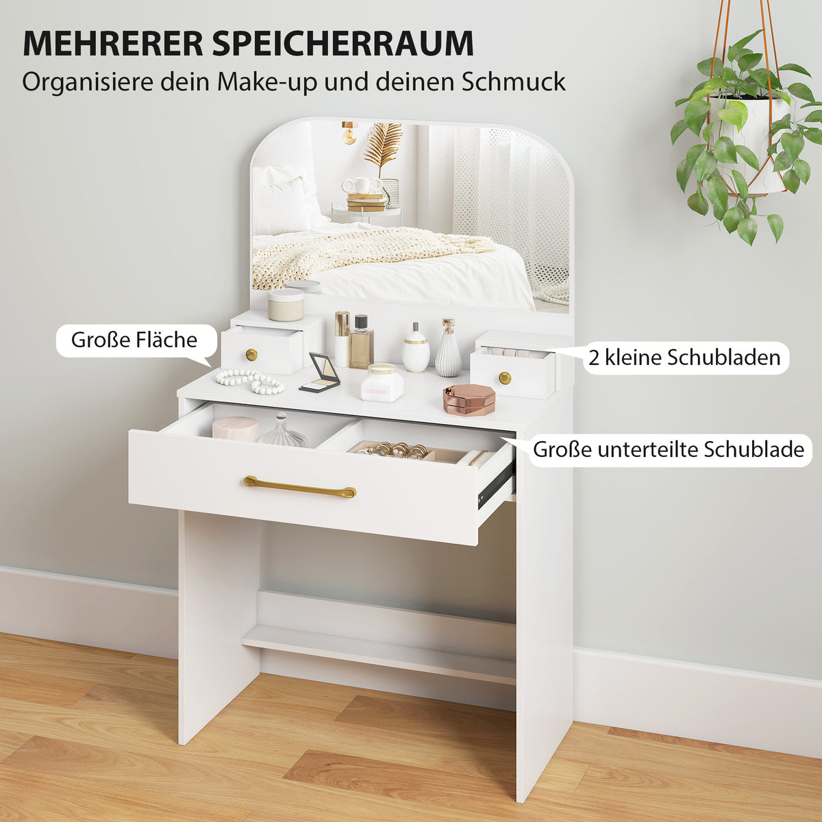 Schminktisch mit Spiegel und drei Schubladen