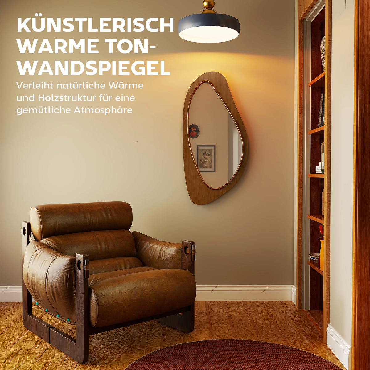 Asymmetrischer Wandspiegel mit Kiefernholzrahmen
