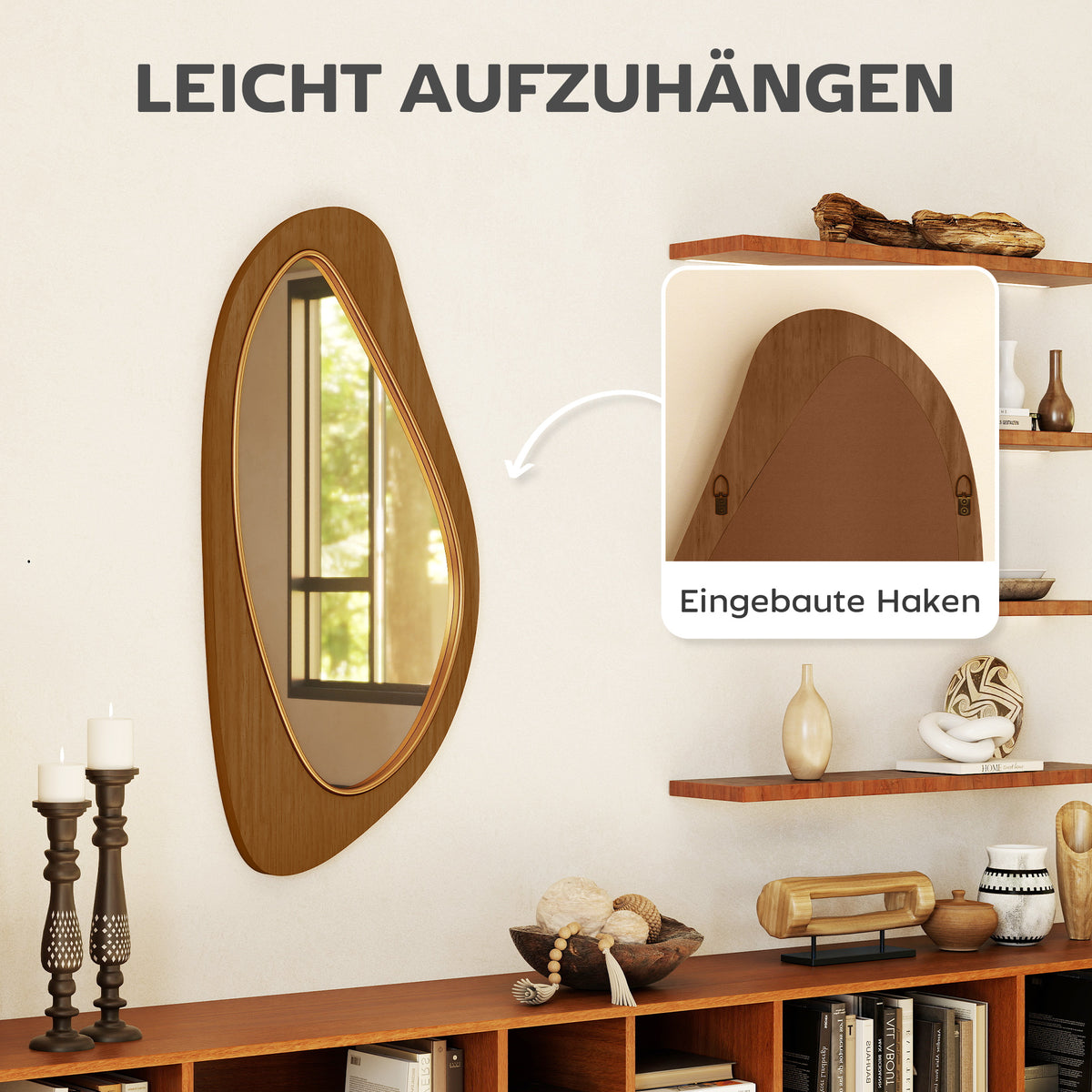Asymmetrischer Wandspiegel mit Kiefernholzrahmen