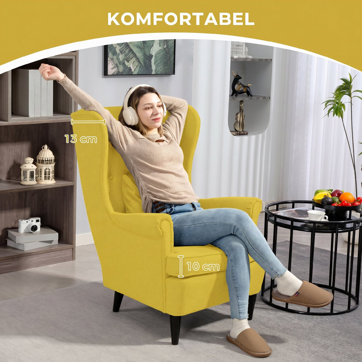 Ohrensessel mit Fußhocker und Knopfheftung