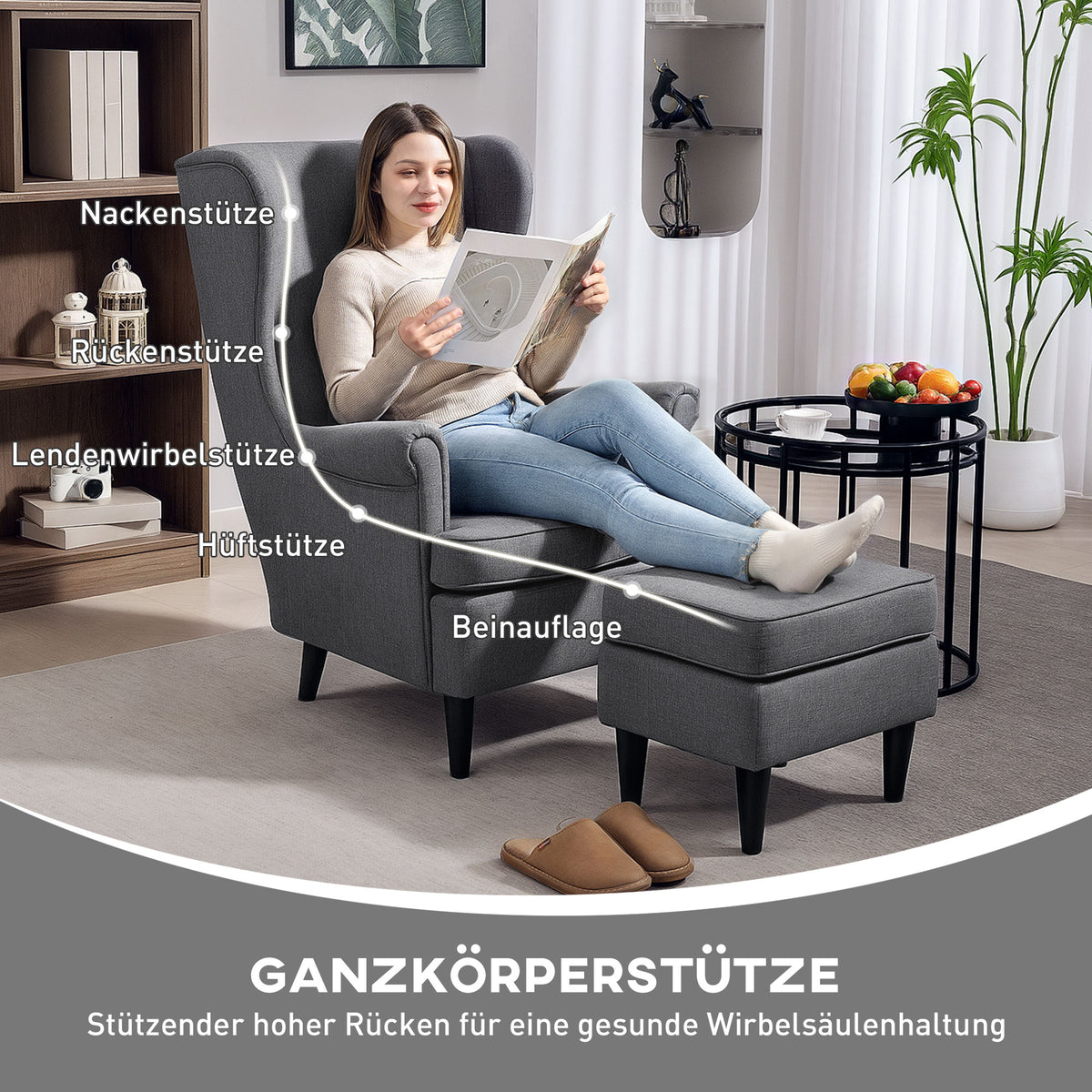 Ohrensessel mit Fußhocker und Knopfheftung