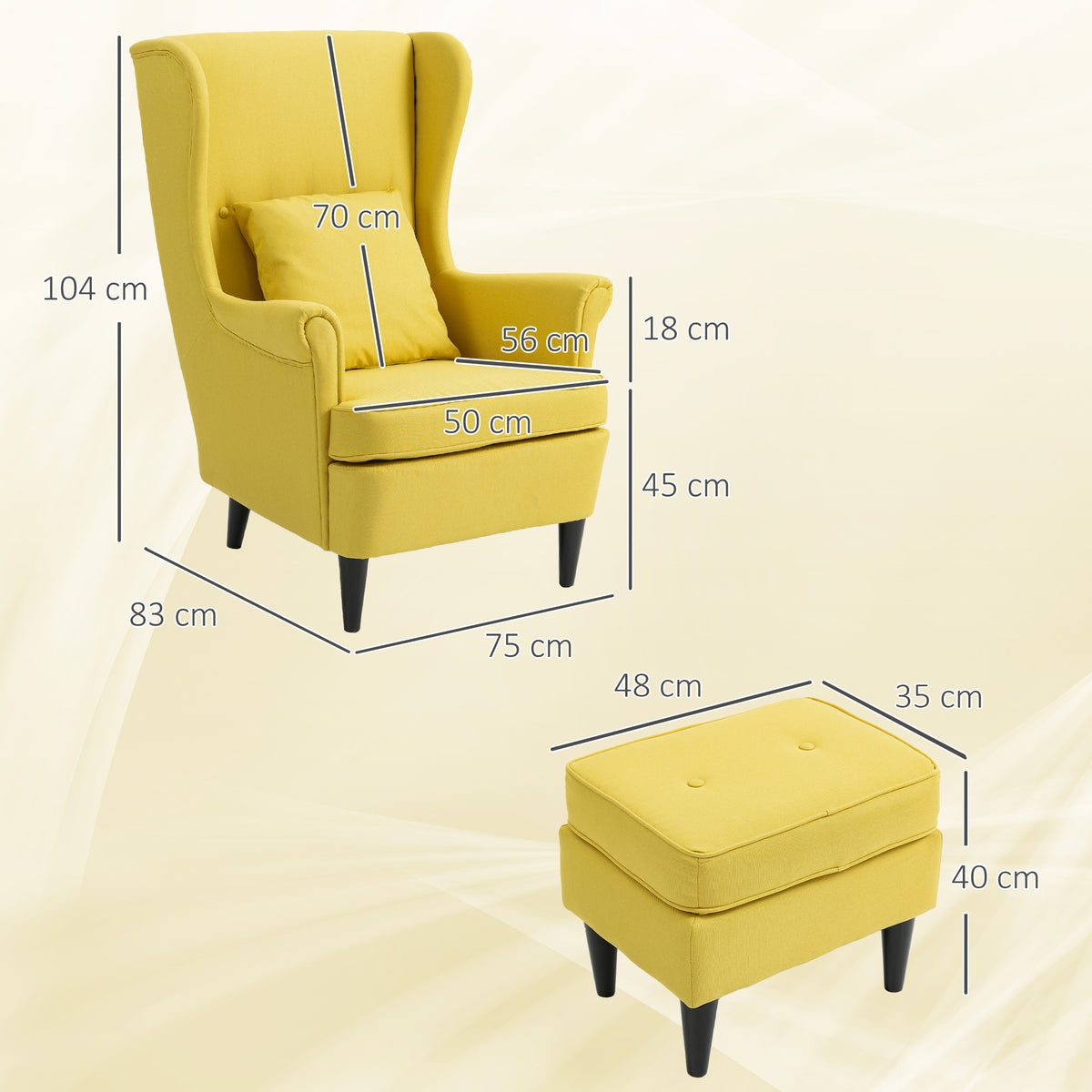 Ohrensessel mit Fußhocker und Knopfheftung