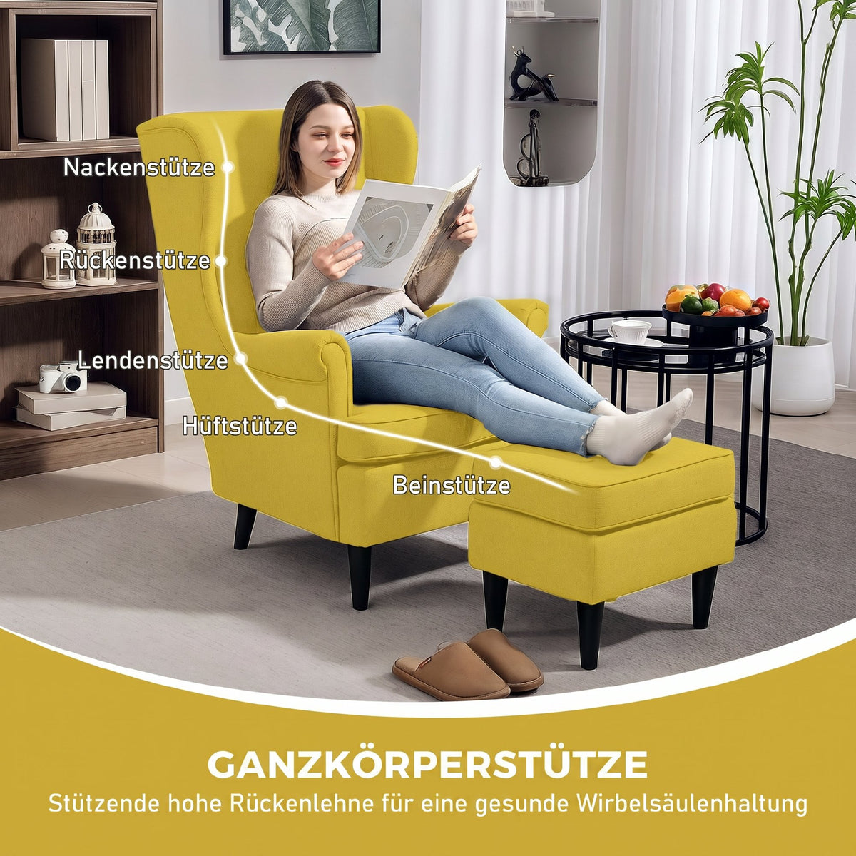 Ohrensessel mit Fußhocker und Knopfheftung