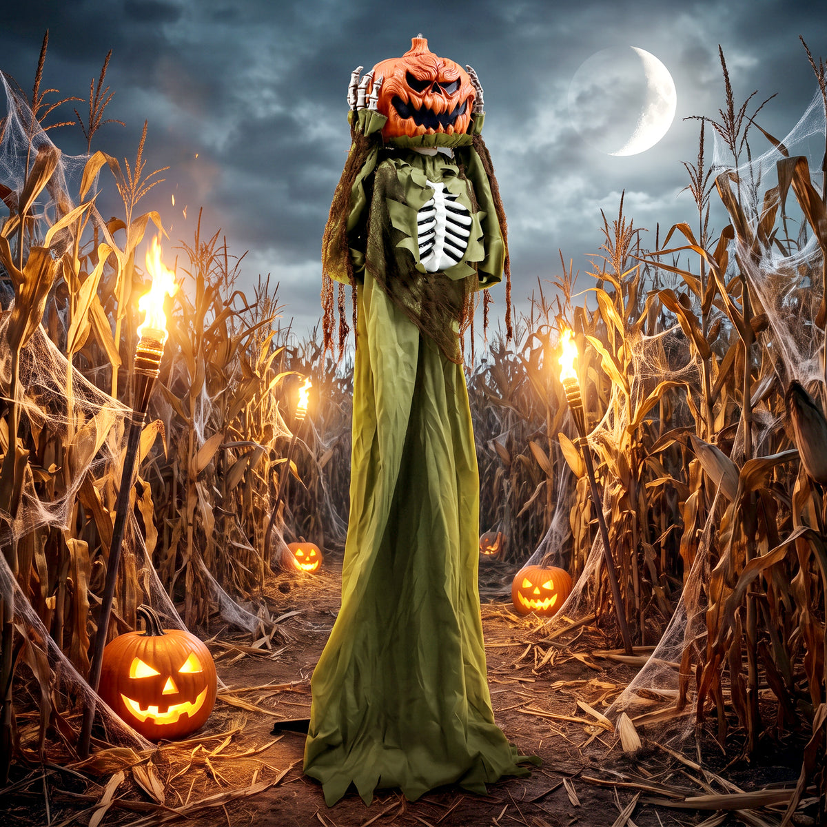Animiertes Halloween-Skelett mit Pop-up-Kürbiskopf