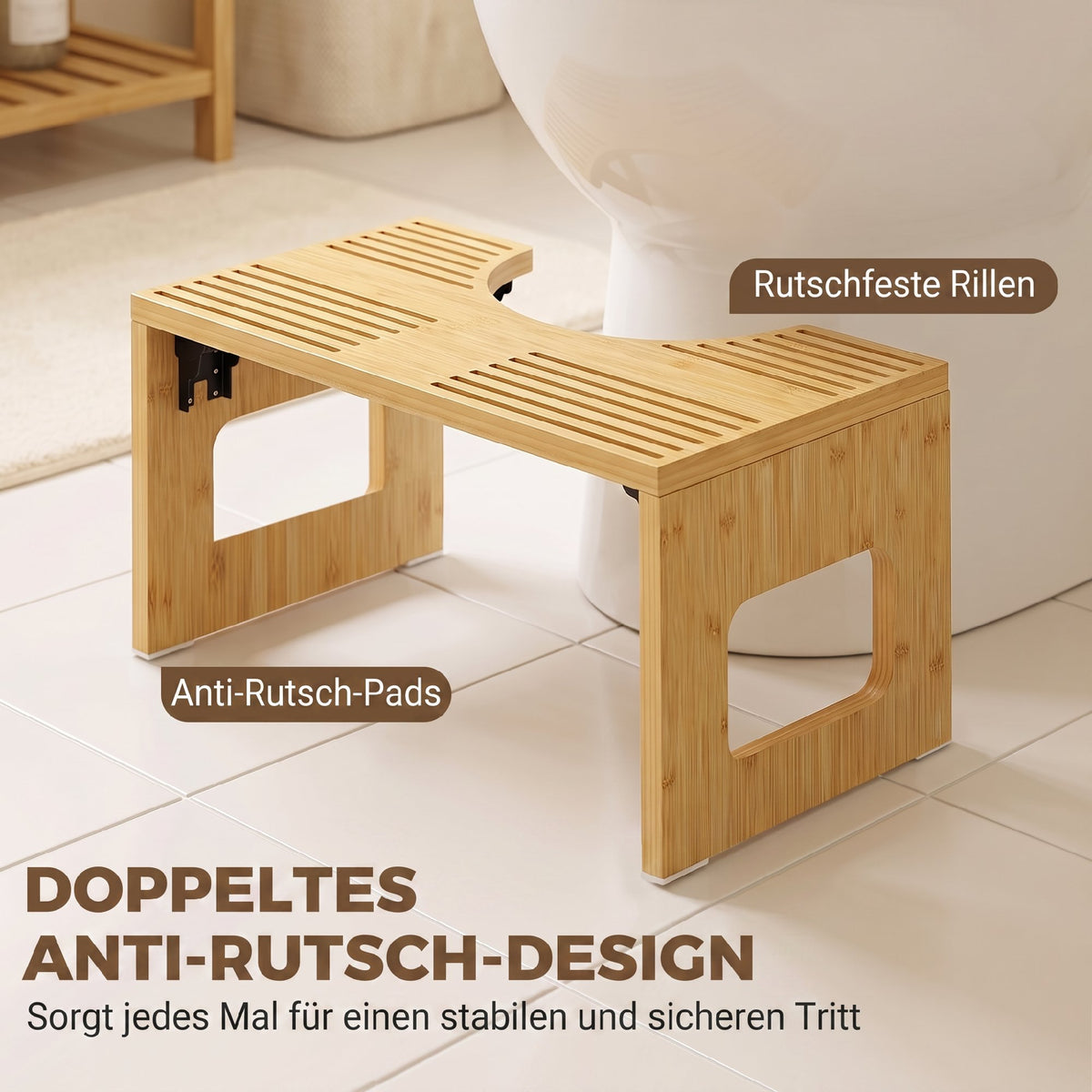 Klappbarer Toilettenhocker aus Bambus mit U-Ausschnitt