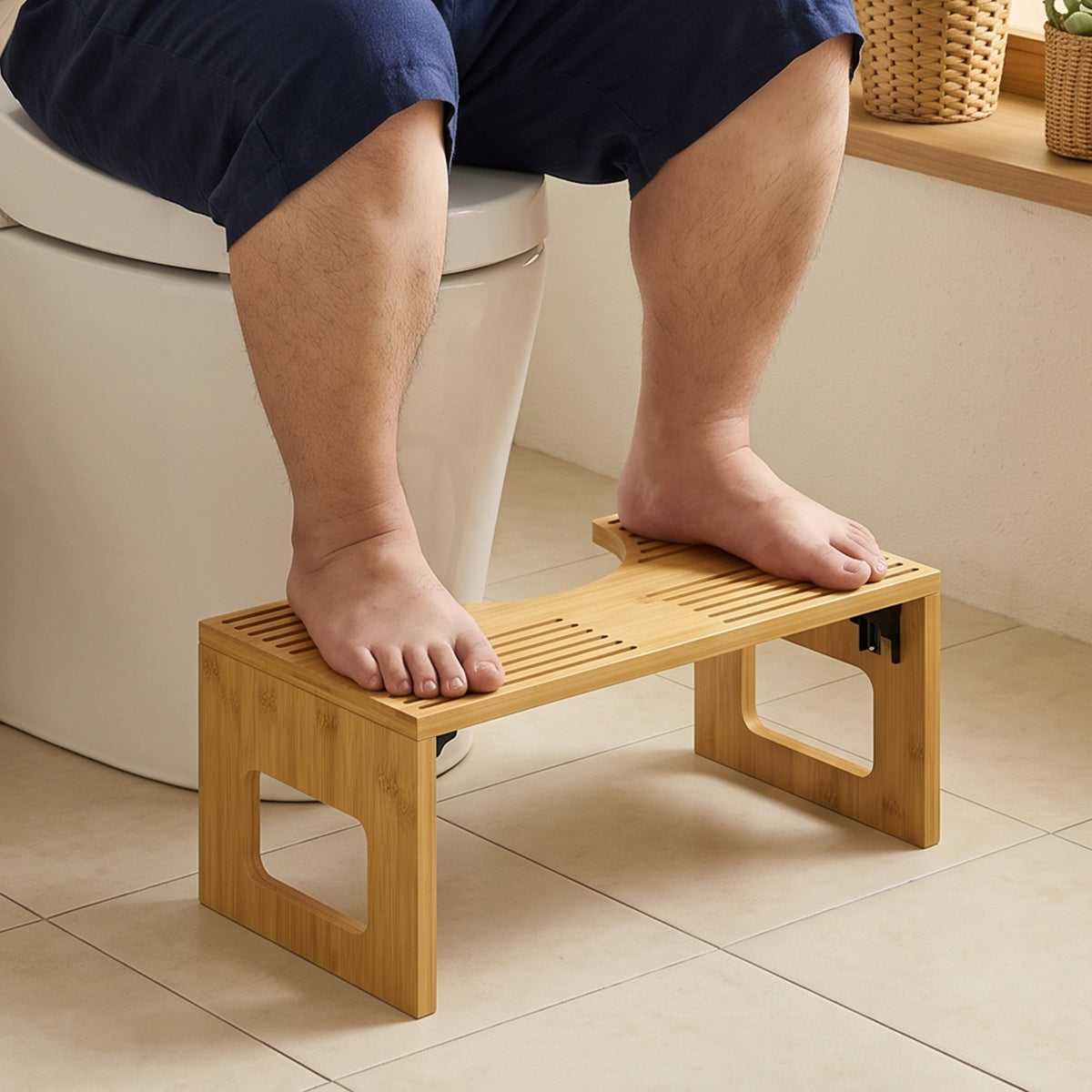 Klappbarer Toilettenhocker aus Bambus mit U-Ausschnitt