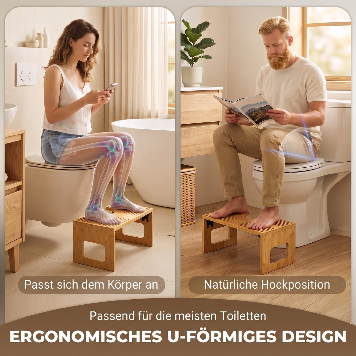 Klappbarer Toilettenhocker aus Bambus mit U-Ausschnitt