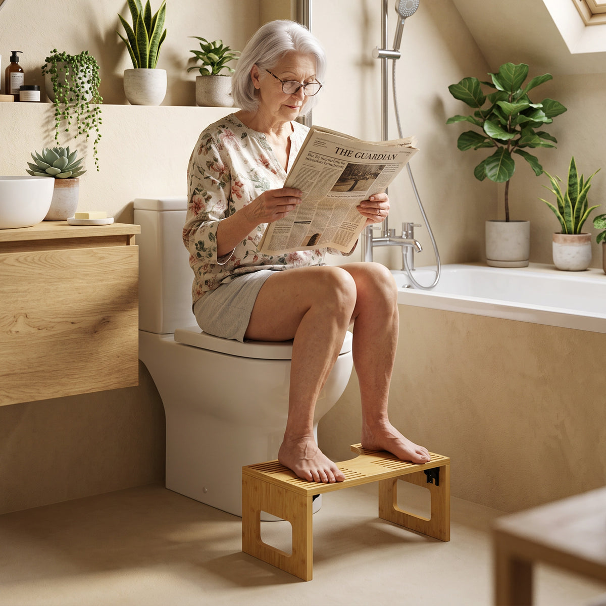 Klappbarer Toilettenhocker aus Bambus mit U-Ausschnitt