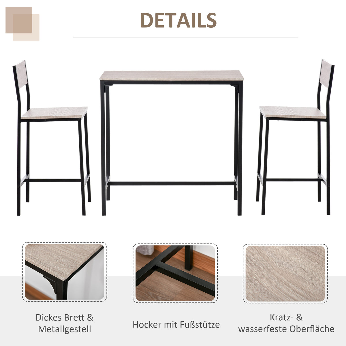 3-teiliges Bartisch-Set mit zwei Barhockern