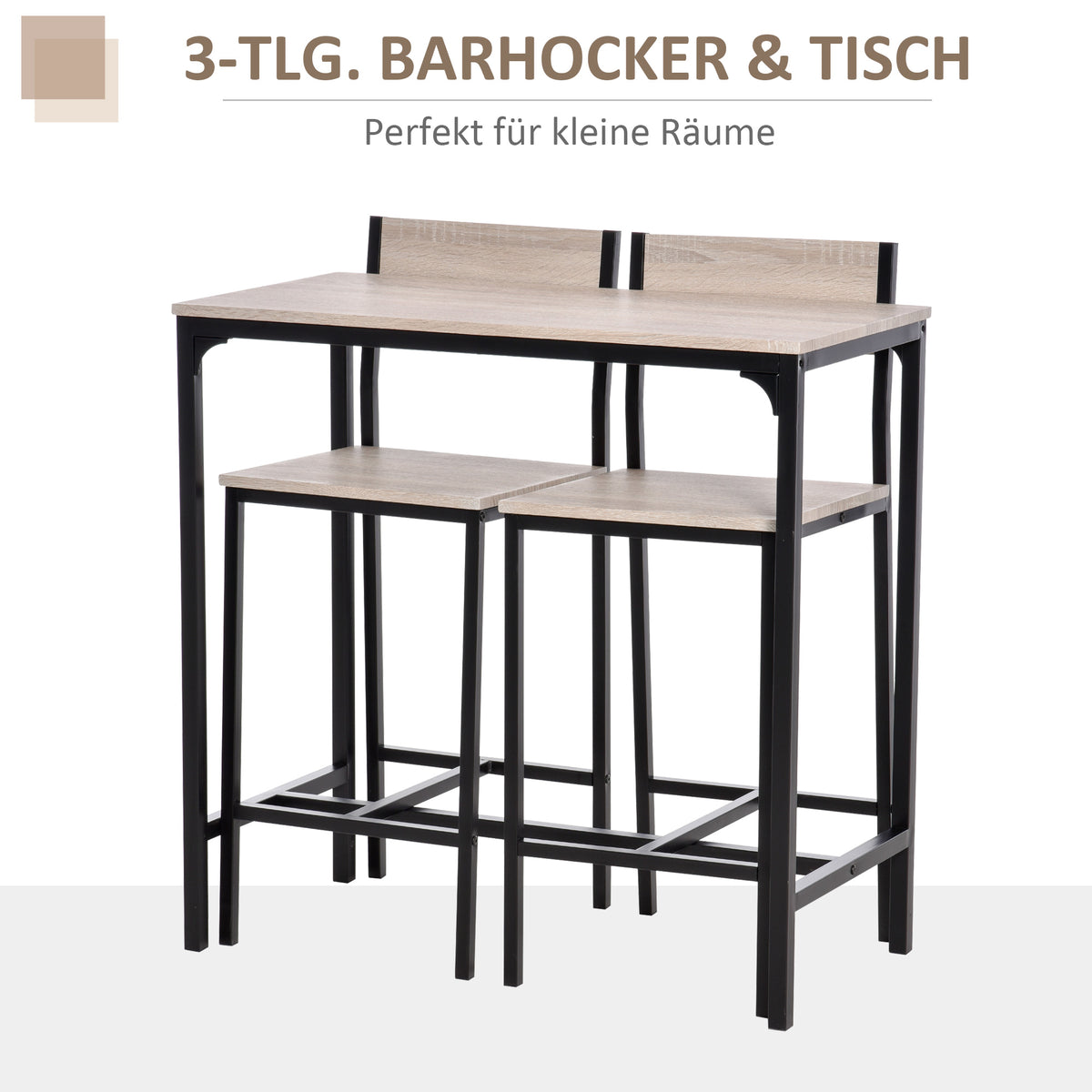 3-teiliges Bartisch-Set mit zwei Barhockern