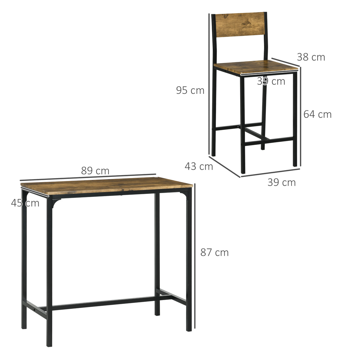 3-teiliges Bartisch-Set mit zwei Barhockern