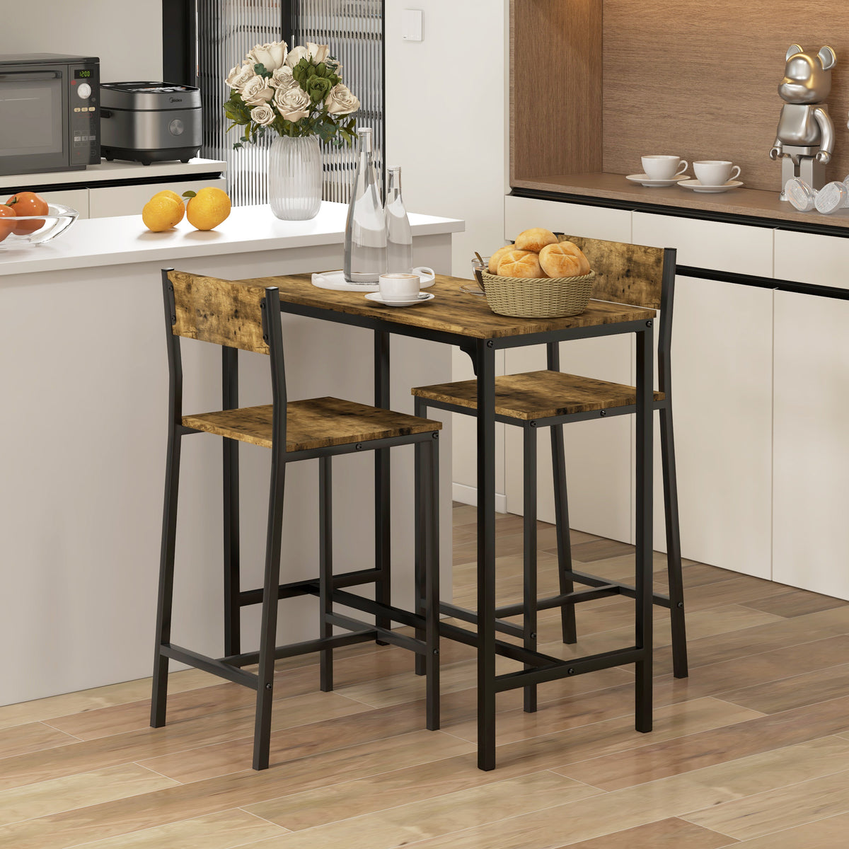 3-teiliges Bartisch-Set mit zwei Barhockern