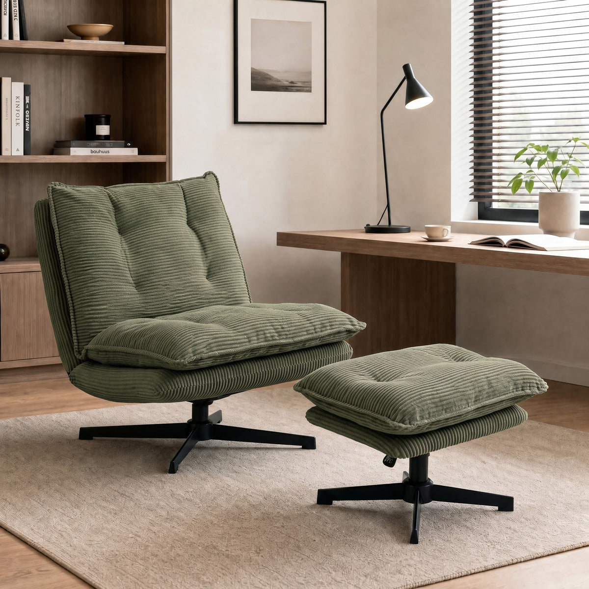 Drehsessel mit Hocker und Cordbezug
