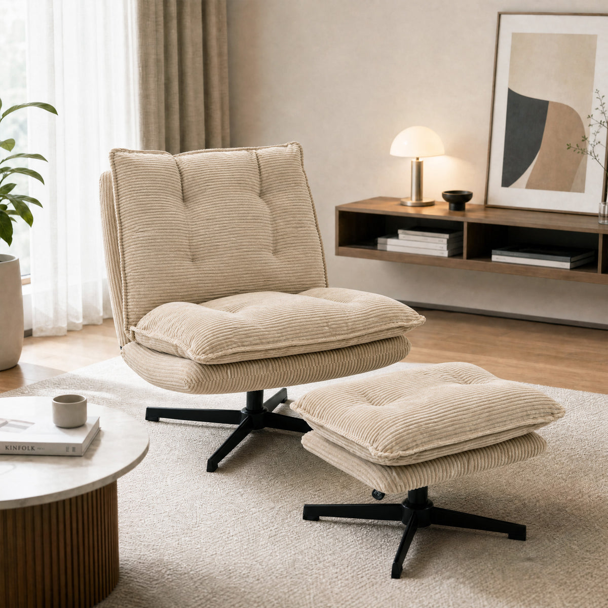 Drehsessel mit Hocker und Cordbezug