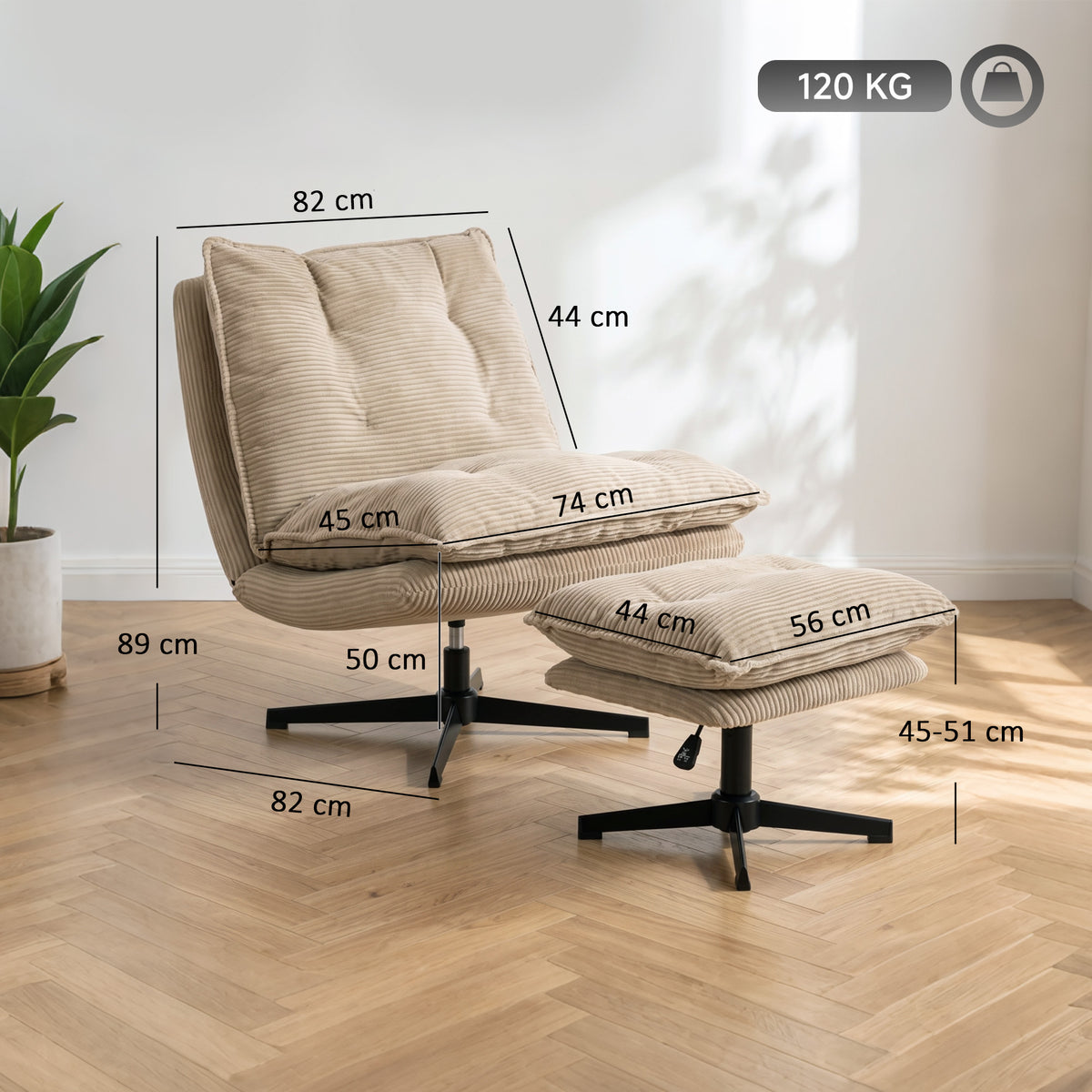 Drehsessel mit Hocker und Cordbezug