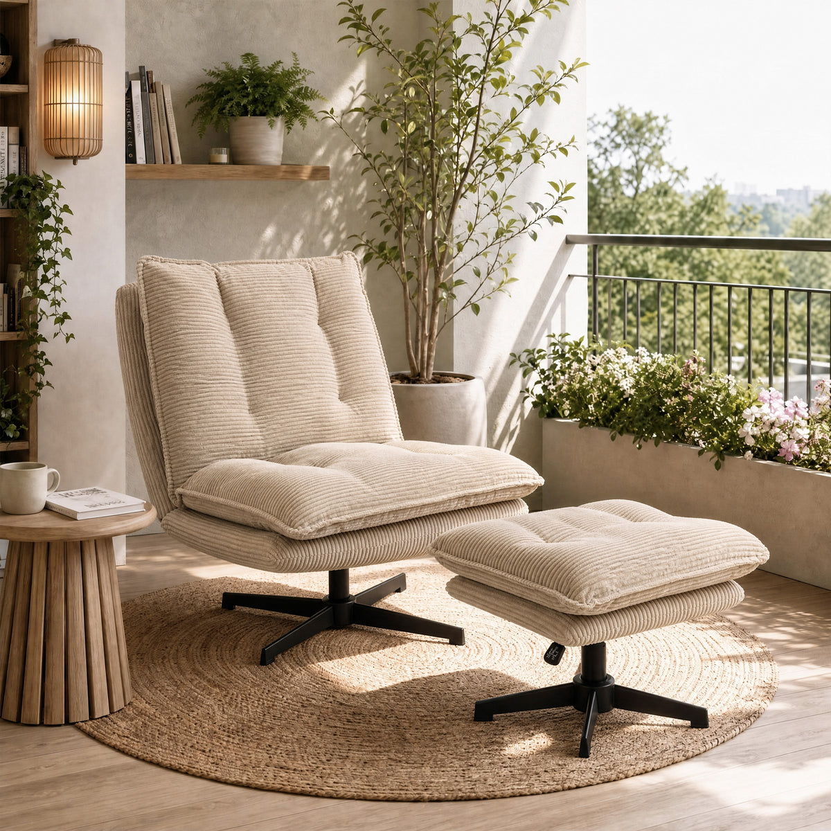 Drehsessel mit Hocker und Cordbezug