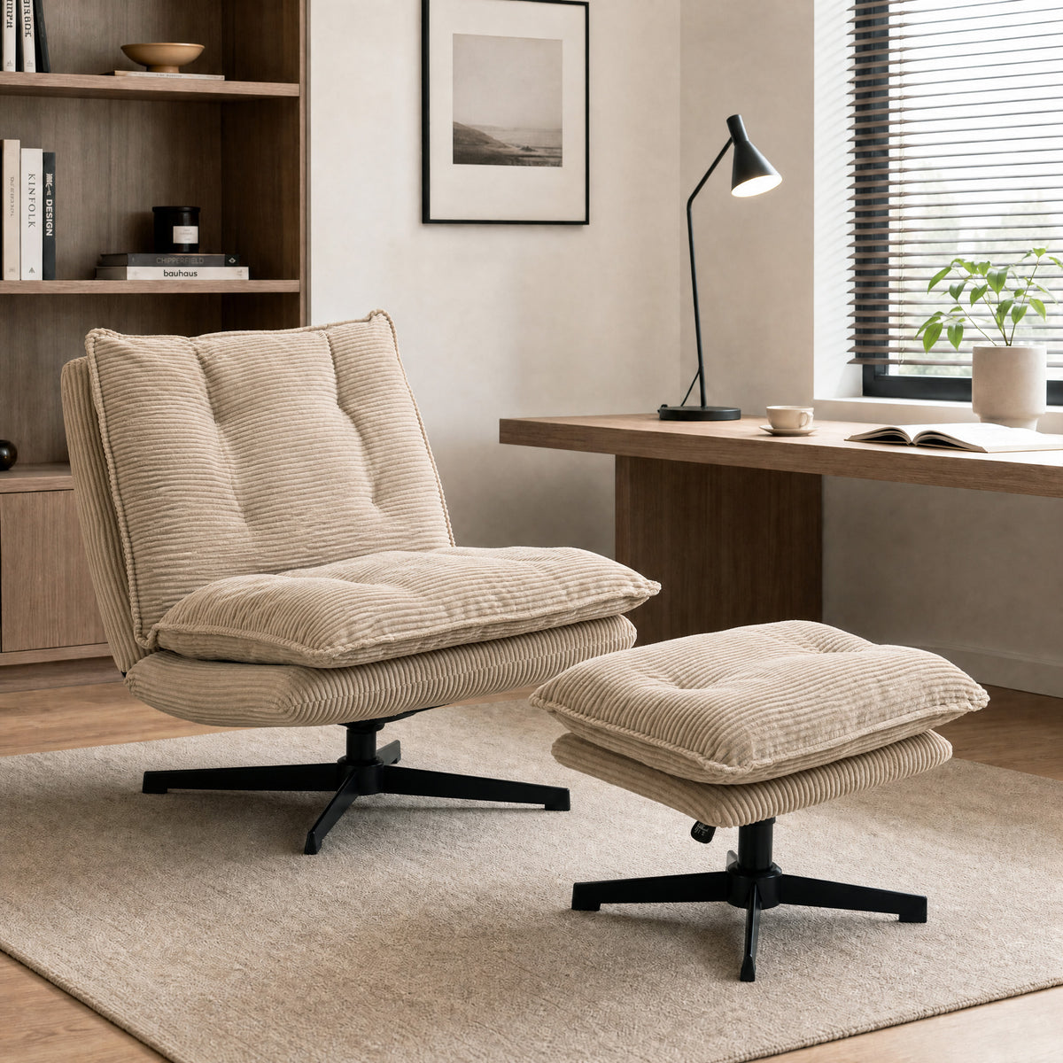 Drehsessel mit Hocker und Cordbezug