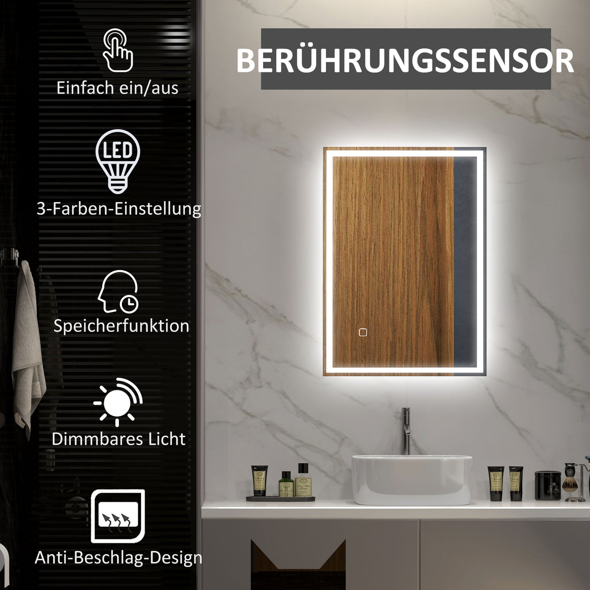 LED-Badspiegel mit Touch-Schalter