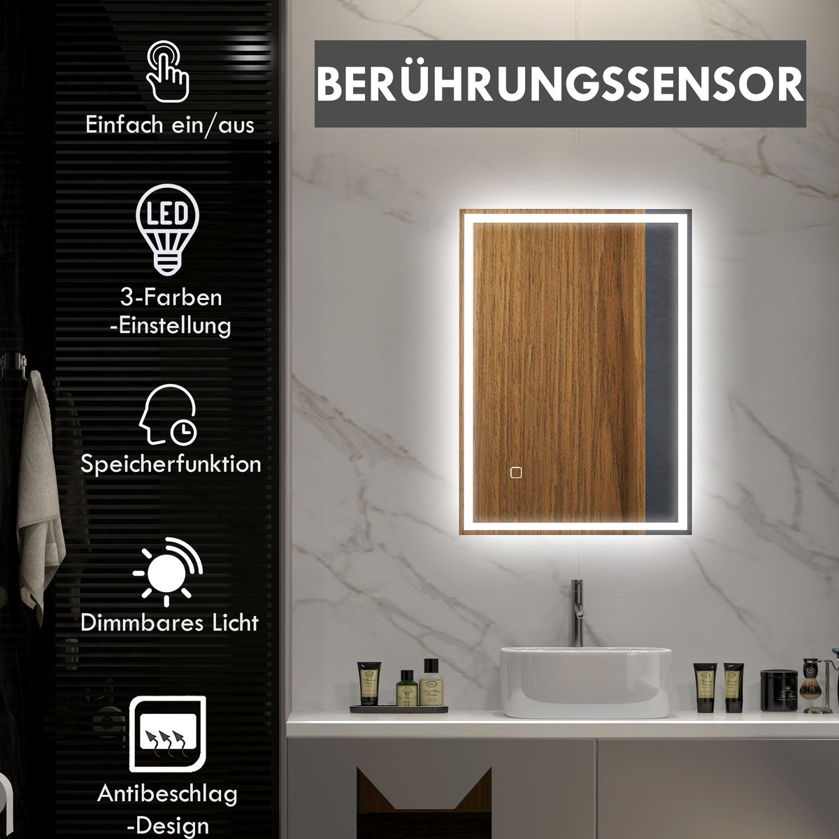 LED-Badspiegel mit Touch-Schalter