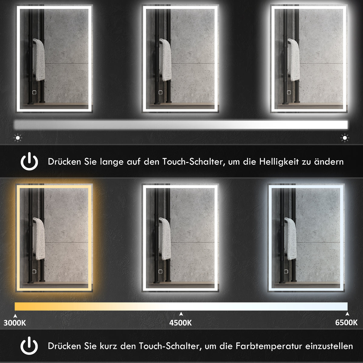 LED-Badspiegel mit Touch-Schalter