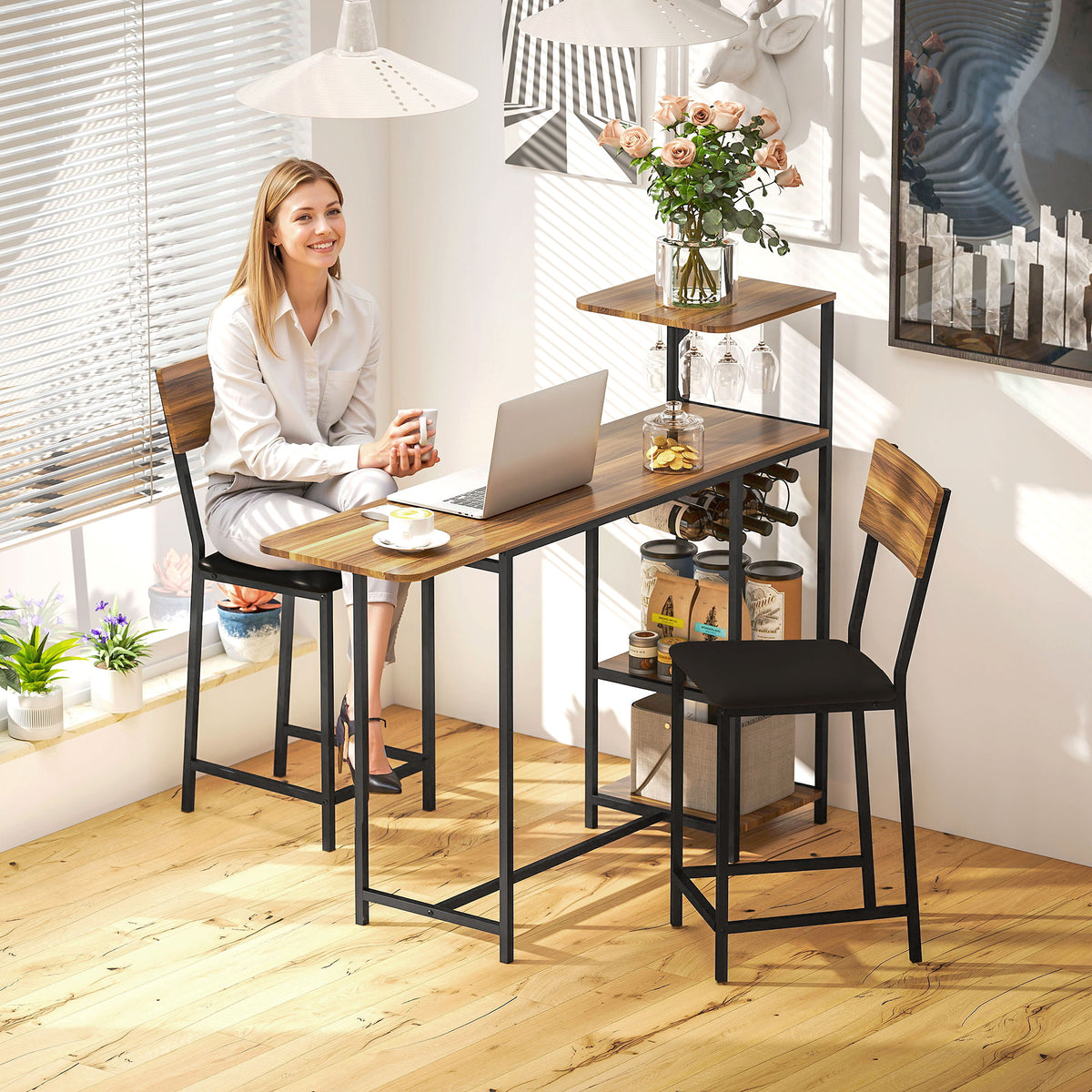 3-teiliges Bartisch-Set mit zwei Hockern und Stauraum
