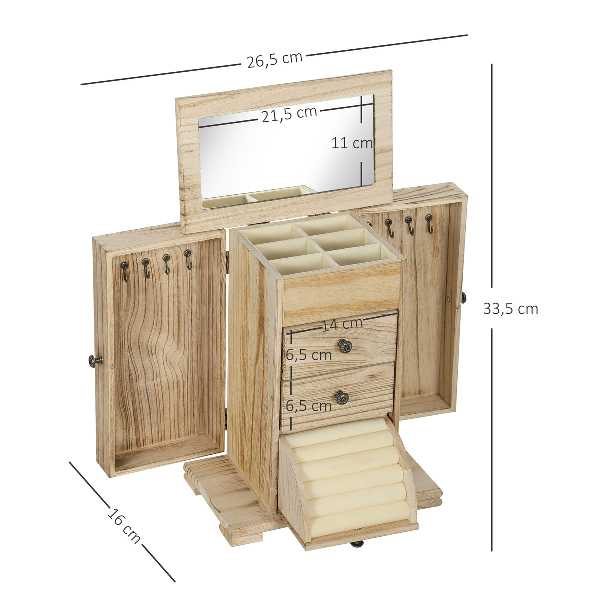 Schmuckbox aus Holz mit vier Ebenen und Spiegel