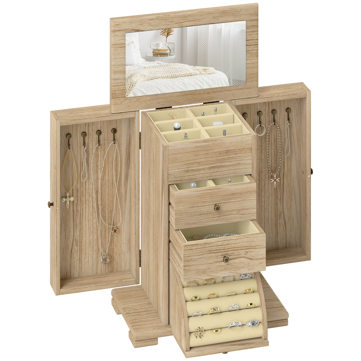 Schmuckbox aus Holz mit vier Ebenen und Spiegel