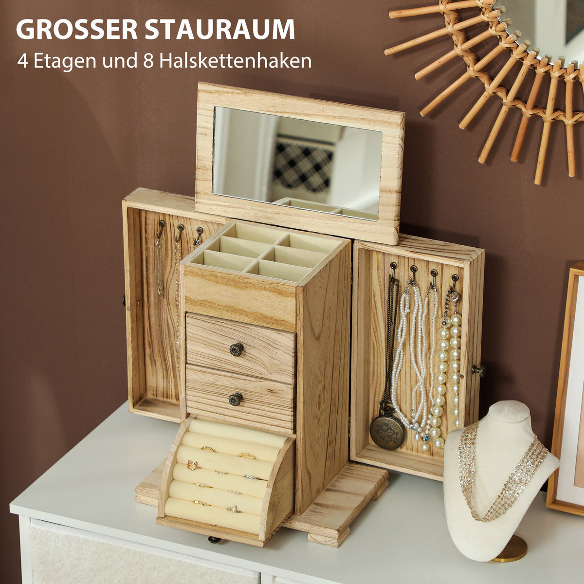 Schmuckbox aus Holz mit vier Ebenen und Spiegel