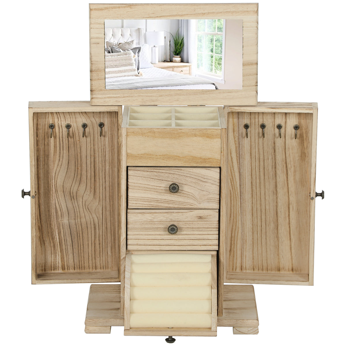 Schmuckbox aus Holz mit vier Ebenen und Spiegel