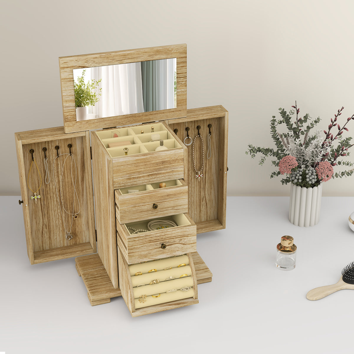 Schmuckbox aus Holz mit vier Ebenen und Spiegel