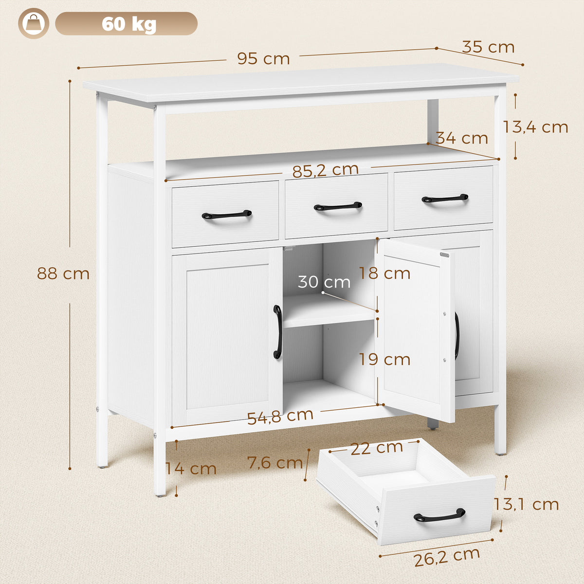 Sideboard mit 3 Schubladen und verstellbaren Böden
