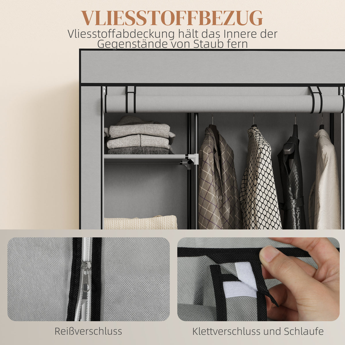 Stoffkleiderschrank mit 6 Regalen und Kleiderstange