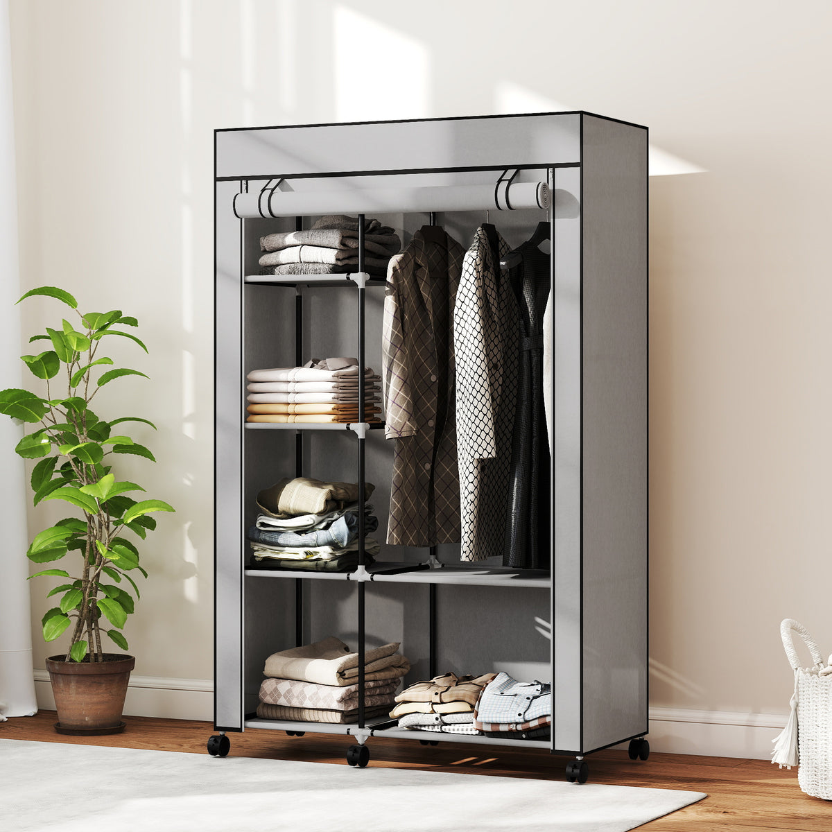 Stoffkleiderschrank mit 6 Regalen und Kleiderstange