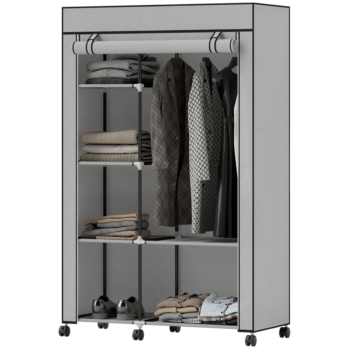Stoffkleiderschrank mit 6 Regalen und Kleiderstange