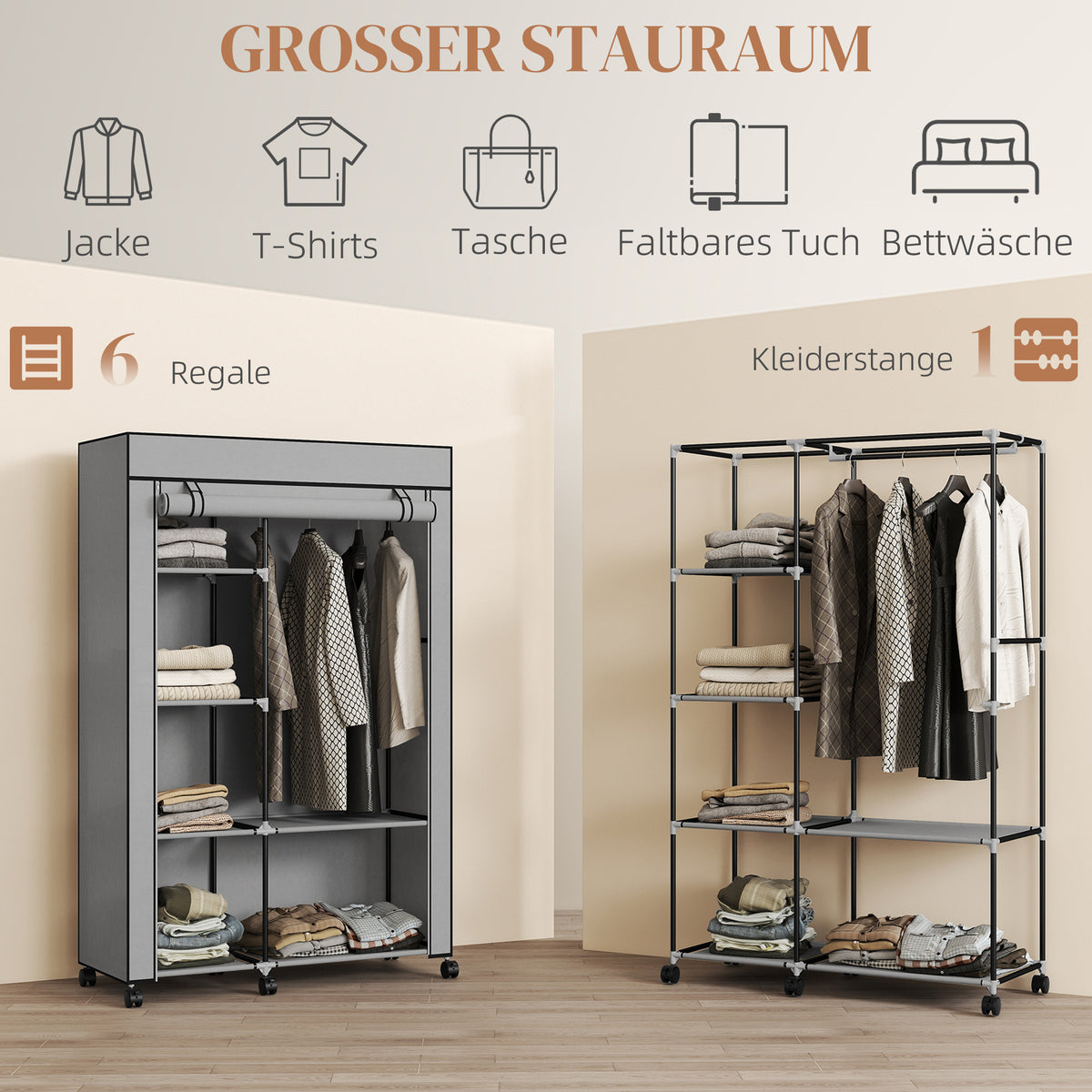 Stoffkleiderschrank mit 6 Regalen und Kleiderstange